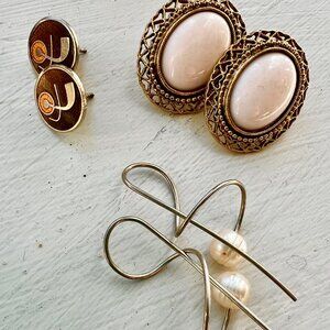 Beauiful, Unique Vintage Earrings Set of 3 Pierced, Cuff, Gold Tone